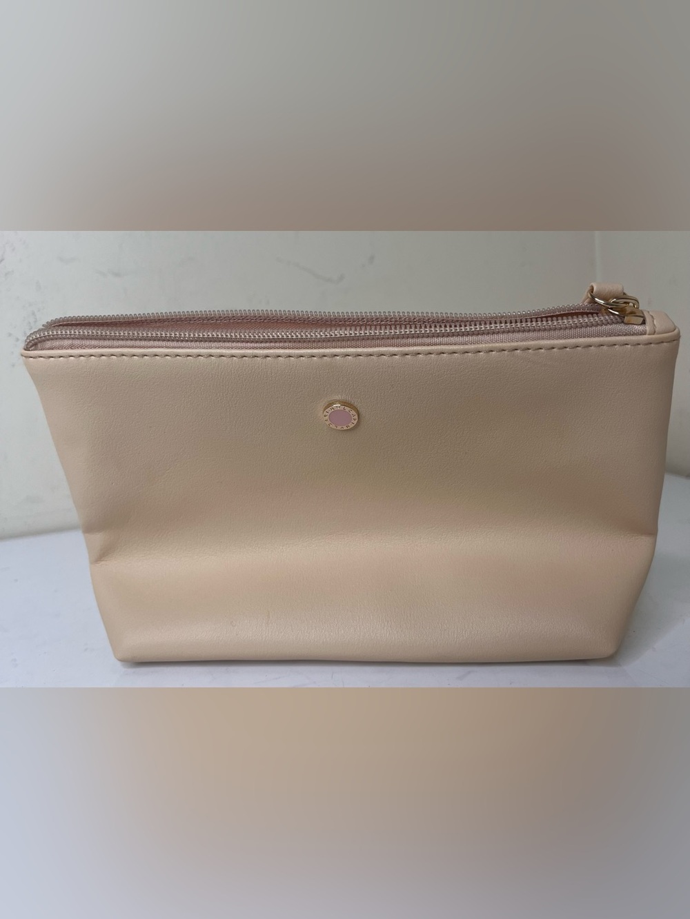 BVLGARI Pale Pink and Cream Leather Cosmetic Pouch with Gold Tone Emblem